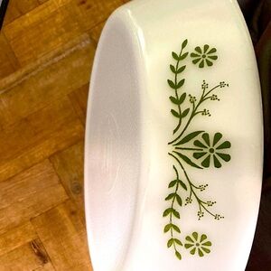 Glassbake green daisy vintage milk glass oval spilt bakeware serving piece